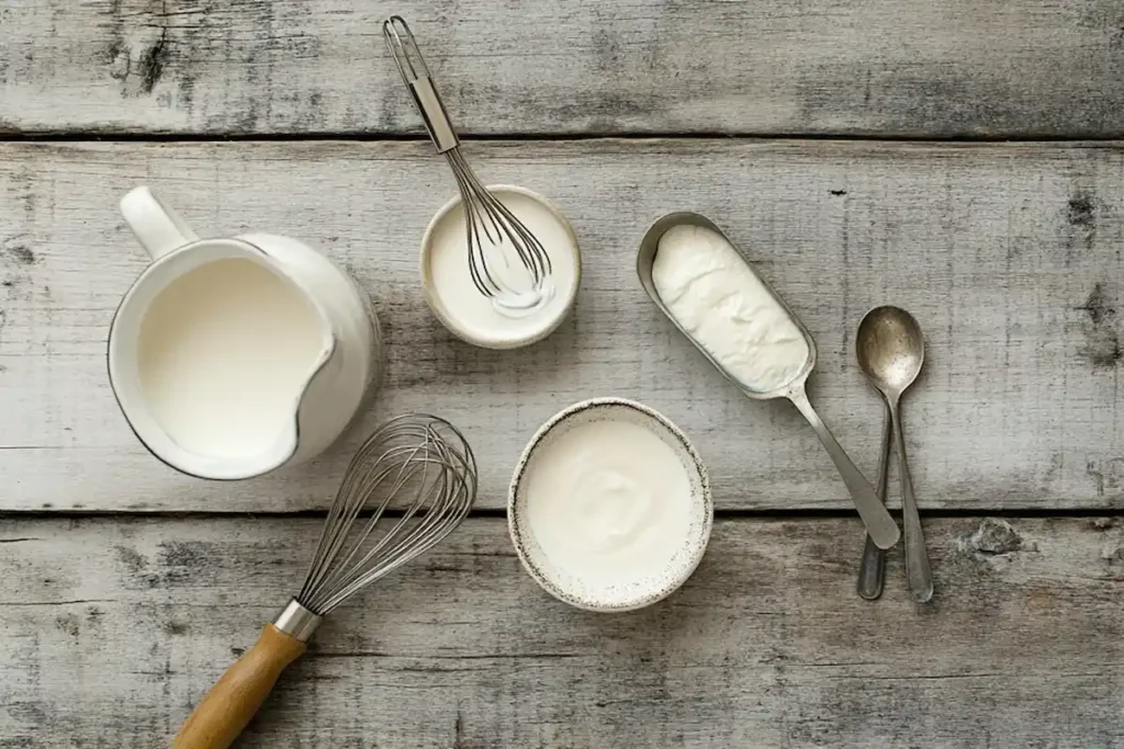 Tres leches ingredients on a wooden table