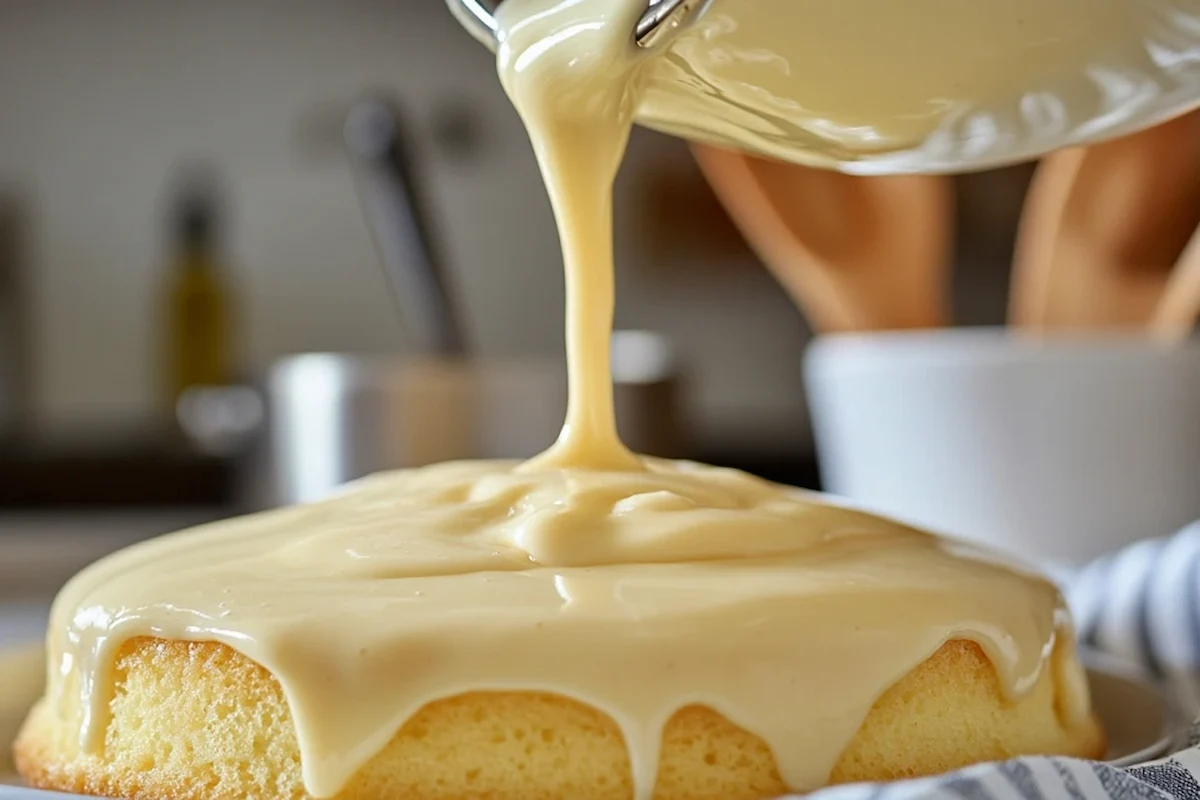 Tres leches sauce being poured over cake