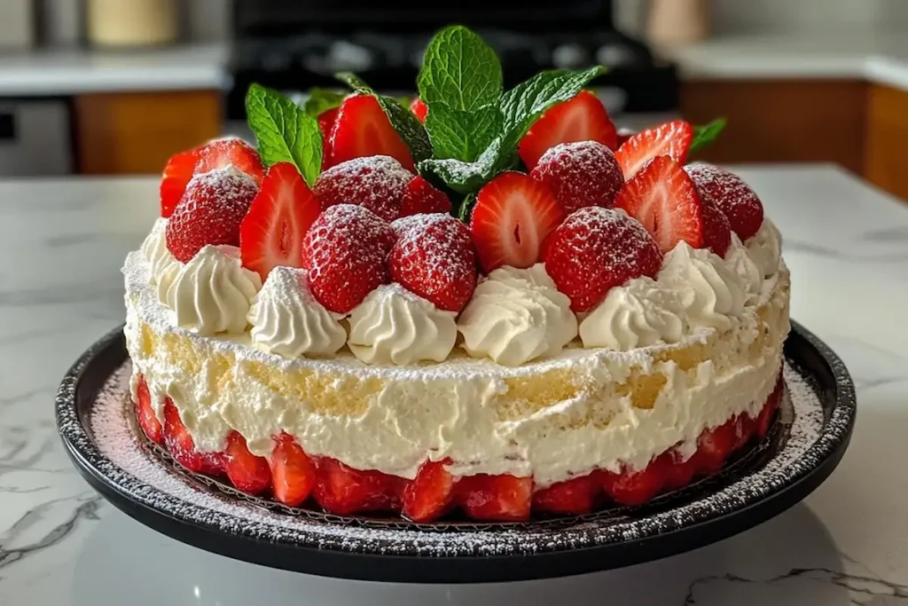 Fresh strawberries on whipped cream topping