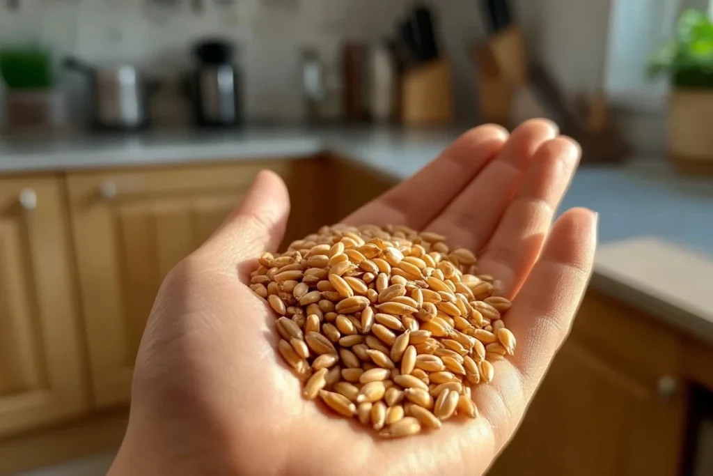 Close-up of raw wheatberries in hand