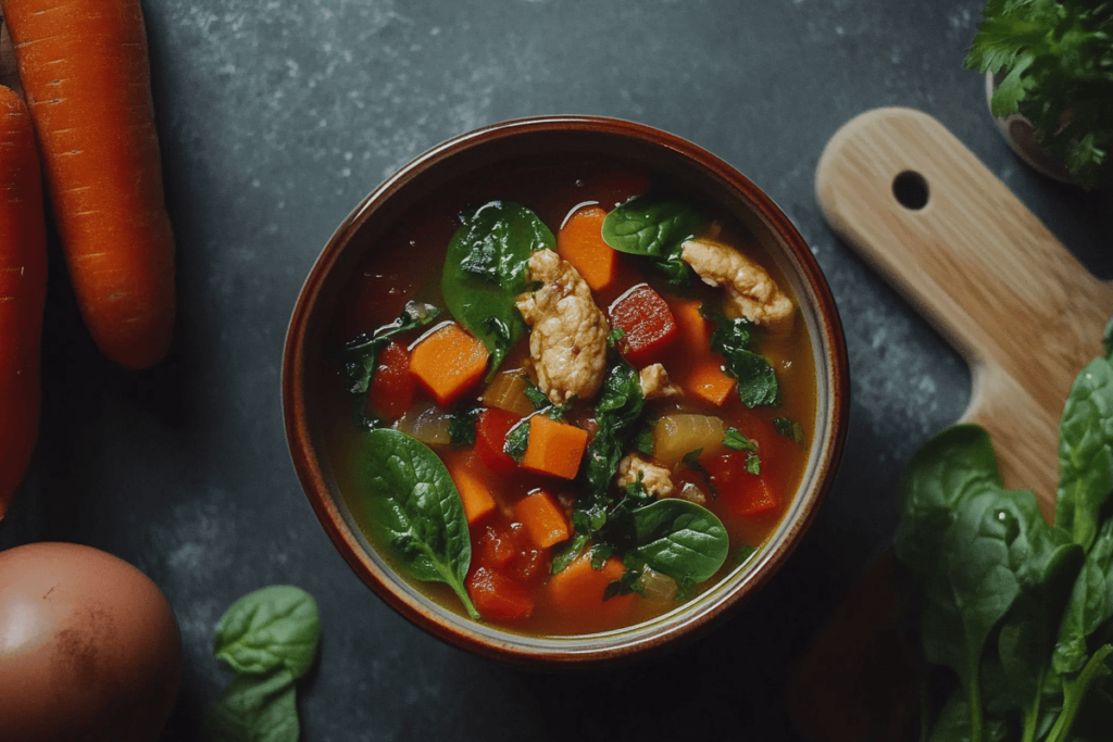 Vibrant, steaming vegetable soup with lean protein, spinach, carrots, and herbs, beautifully styled on a rustic wooden table.