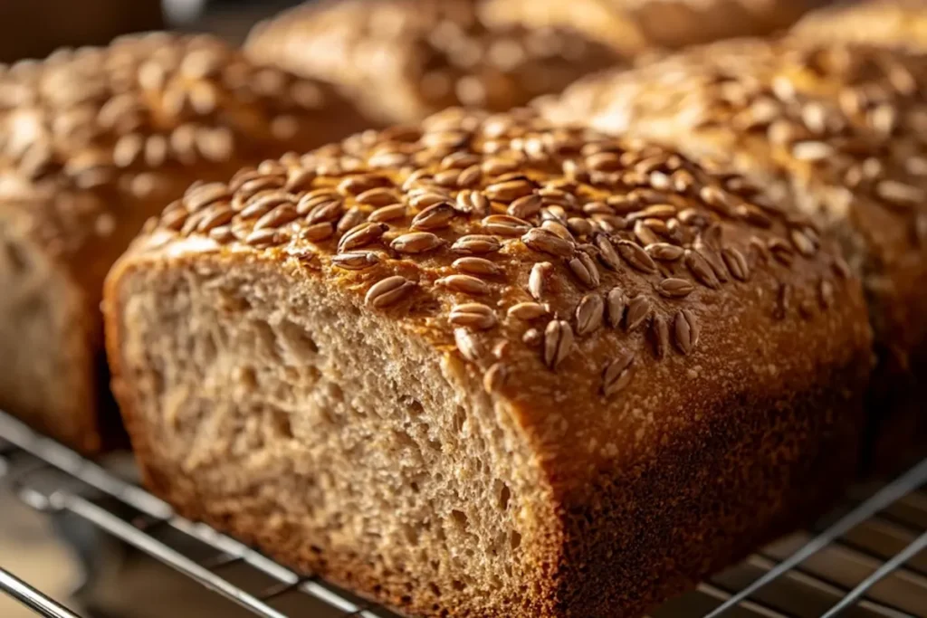 Rustic wheatberry bread loaf fresh from oven