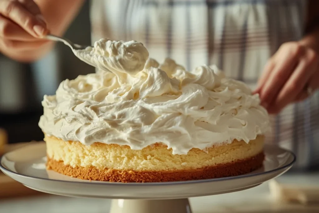 Whipped cream on tres leches cake