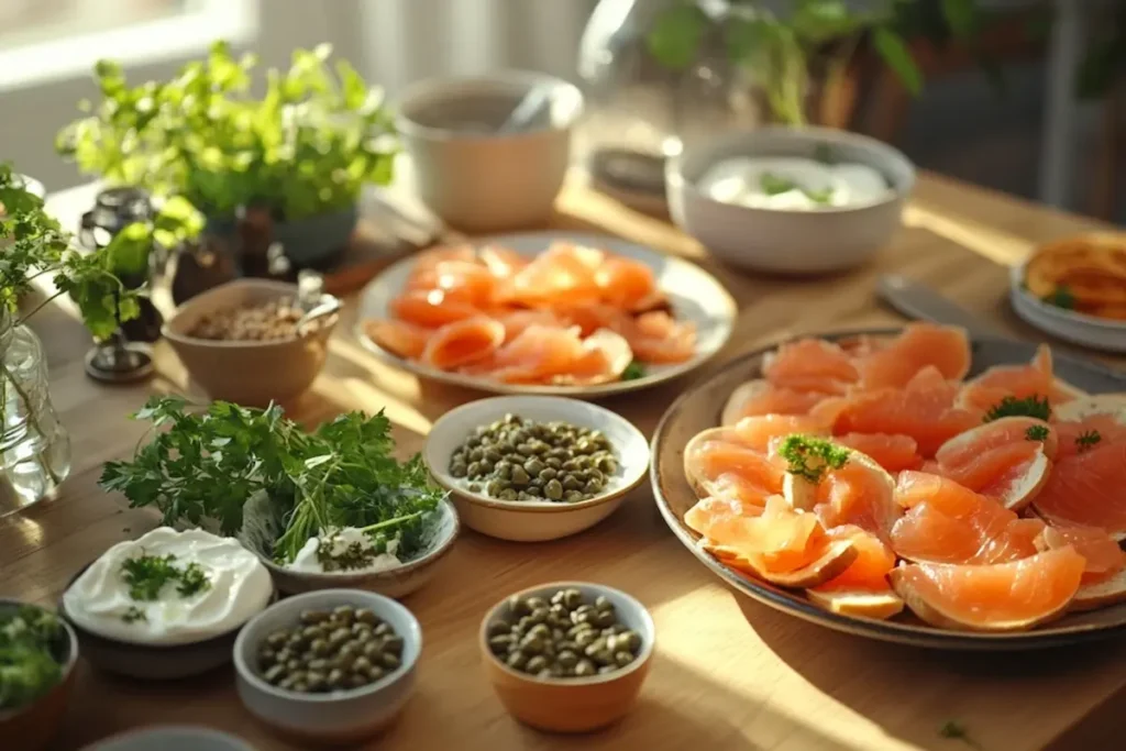 Bagel texture with salmon slices